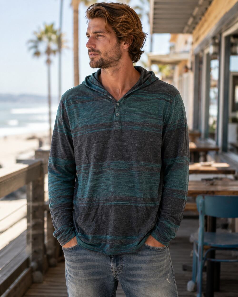 Surf Beach Hoodie Mens Large Ocean Current Teal Gray Stripe Lightweight Layer